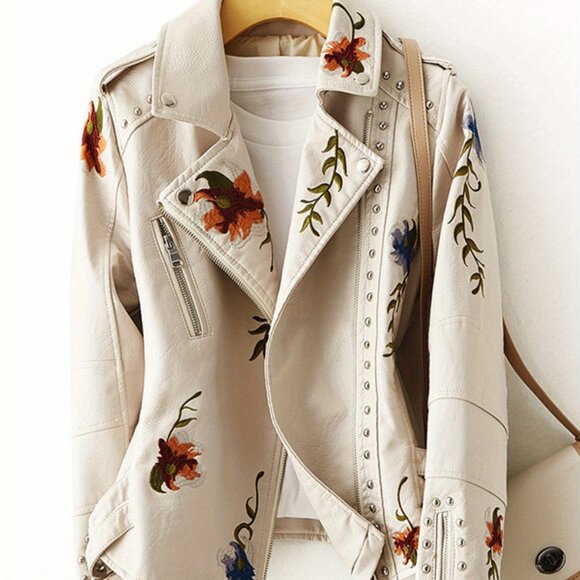 Women Floral Embroidered Moto PU Leather Jacket Coat - Picture 1 of 7